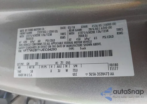 2018 Ford F-250 Lariat из США, поврежденный, VIN 1FT7W2BT1JEC04293